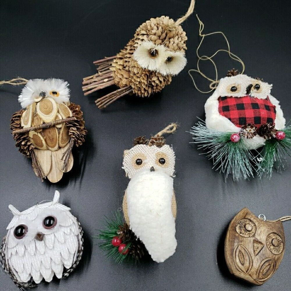 Rustic Woodland Owl Ornaments Pinecones Wood Feathers Natural Primitive Folk Art